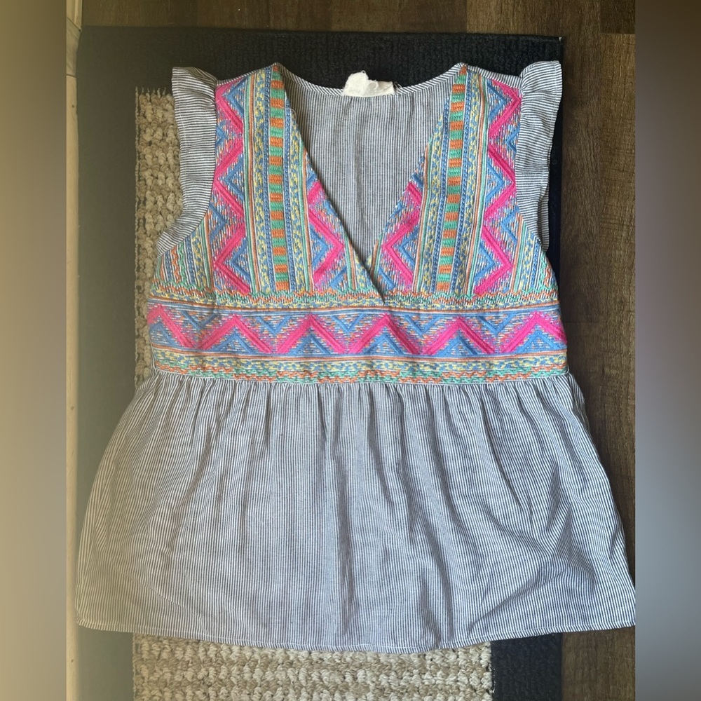 Savanna Jane Striped Peplum Top with Pink & Blue Embroidered Accents